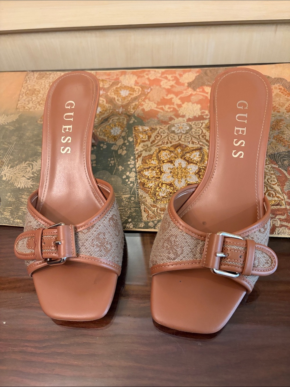 Guess Tan and Brown Logo Buckle Slide Mules